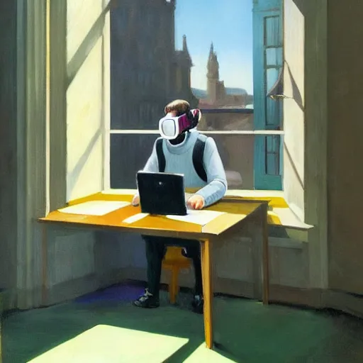 Prompt: A fine art painting of a man wearing Vr goggles and a puffa jacket, he creating the metaverse at a desk through a window on a British street. In the style of Edward Hopper and Wes Anderson