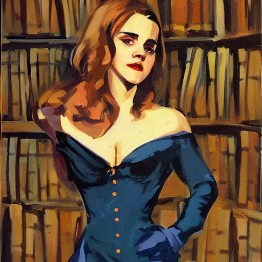 Prompt: sexy pinup art of emma watson in the role of hermione granger in the library of hogwarts, artwork by greg manchess, cinematic composition, award winning, 1 9 5 6