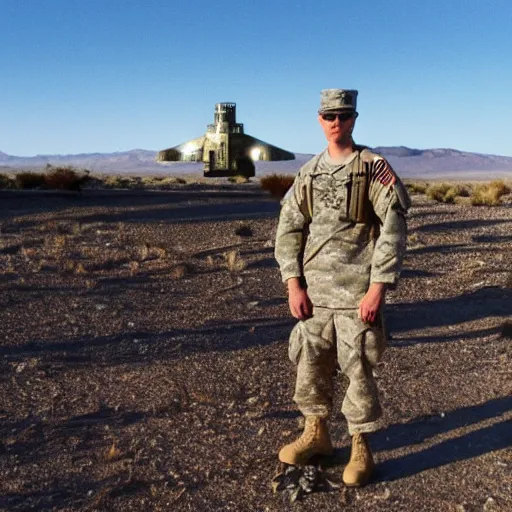 Prompt: us military soldier standing next to large crashed ufo spacecraft wreckage rusty metal destroyed object professional photo new mexico sonora desert in background