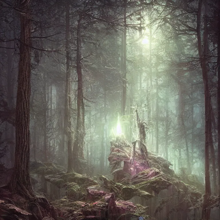 Image similar to a beautiful macro photography of a mystical crystal in a dark forest, hyper detailed, warm volumetric lights, made by gerald brom and mike winkelmann, photorealism