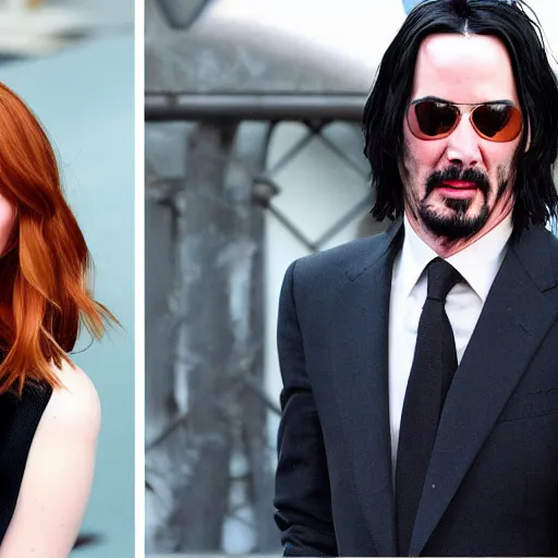 Prompt: a person who looks like emma stone and keanu reeves