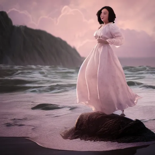 Image similar to a realistic wonderful lady dressed with a large and decorate majestic roses cotton dress that is coming out from a ocean, dramatic light, octane--8k