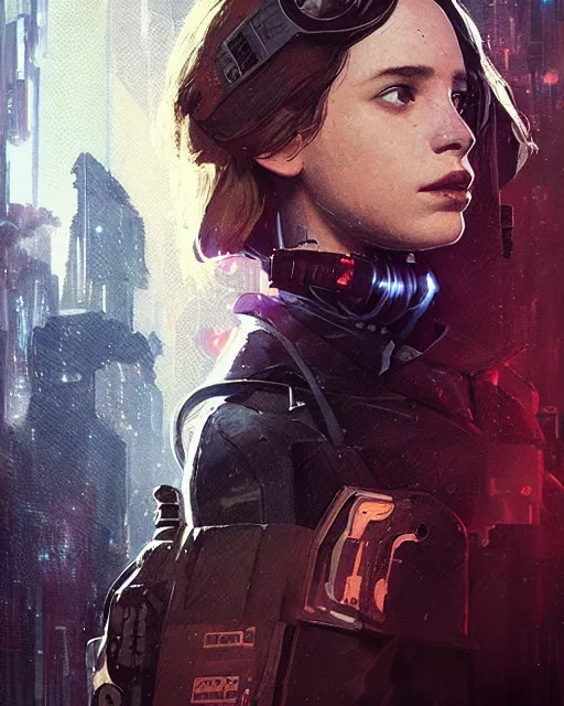 Image similar to maya hawke as cyberpunk agent, scifi character portrait by greg rutkowski, esuthio, craig mullins, 1 / 4 headshot, cinematic lighting, dystopian scifi gear, gloomy, profile picture, mechanical, half robot, implants, steampunk