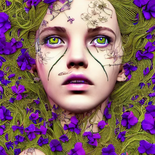Prompt: the head of an unbelievably elegant and beautiful woman partially made of potatoes and violets, an ultrafine detailed illustration by james jean, final fantasy, intricate linework, bright colors, behance contest winner, vanitas, angular, altermodern, unreal engine 5 highly rendered, global illumination, radiant light, detailed and intricate environment