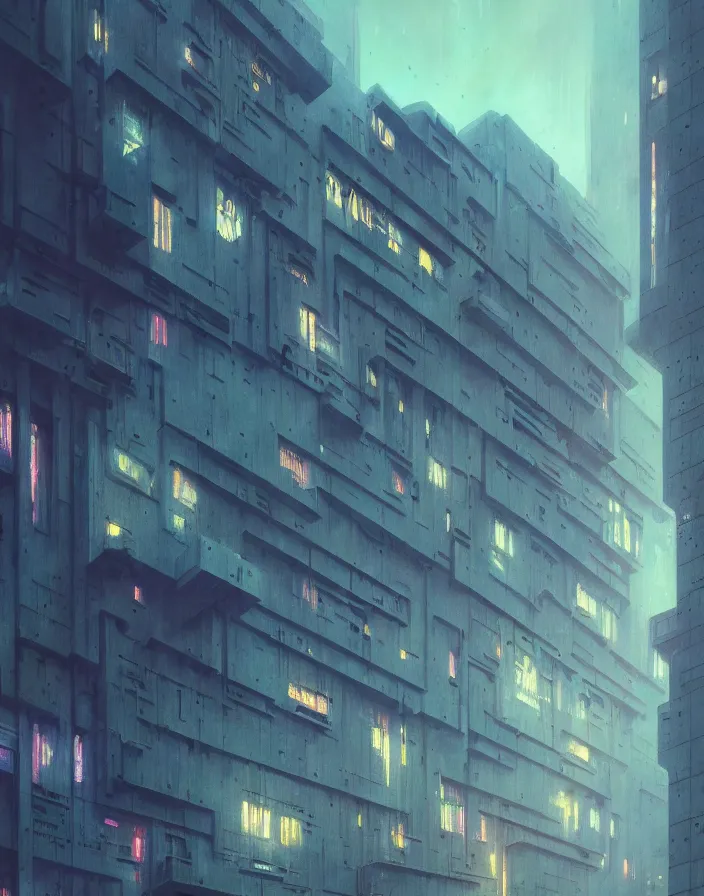 Prompt: Brutalist architecture building, illustrated by Greg Rutkowski and Gaston Bussiere, 35mm lens, beautiful macro close-up imagery, vibrantly lush neon lighting, beautiful volumetric-lighting-style atmosphere, a futuristic atmosphere, intricate, detailed, photorealistic imagery, trending on artstation, 4k, 8k