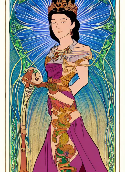 Image similar to well - lit art nouveau portrait of queen sirikrit of thailand, natural lighting, path traced, highly detailed, high quality, cartoon, digital painting, by don bluth and ross tran and studio ghibli and alphonse mucha