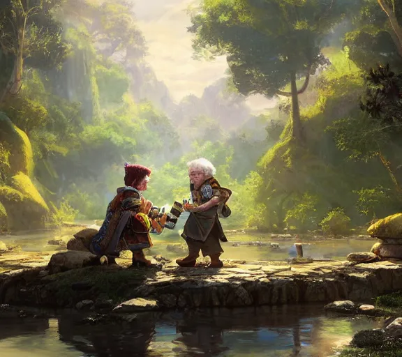 Prompt: fantasy illustration of halfling dice gambling with a white haired dwarf next to a shallow creek and cart, oil painting, craig mullins, wlop, highly detailed, colorful, unreal engine, octane render, dramatic lighting, cinematic composition,