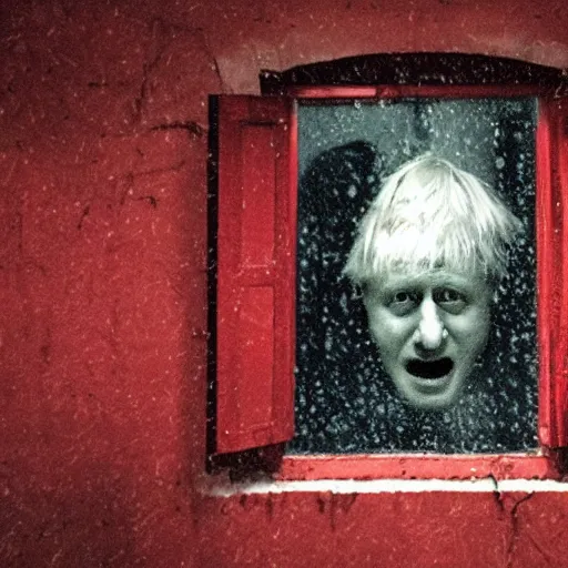 Image similar to photo of the inside of a dark old rainy bedroom window at night, dimly lit creepy | screaming face of boris johnson staring in through the window, bloody hands, horror, scary face, demonic face,