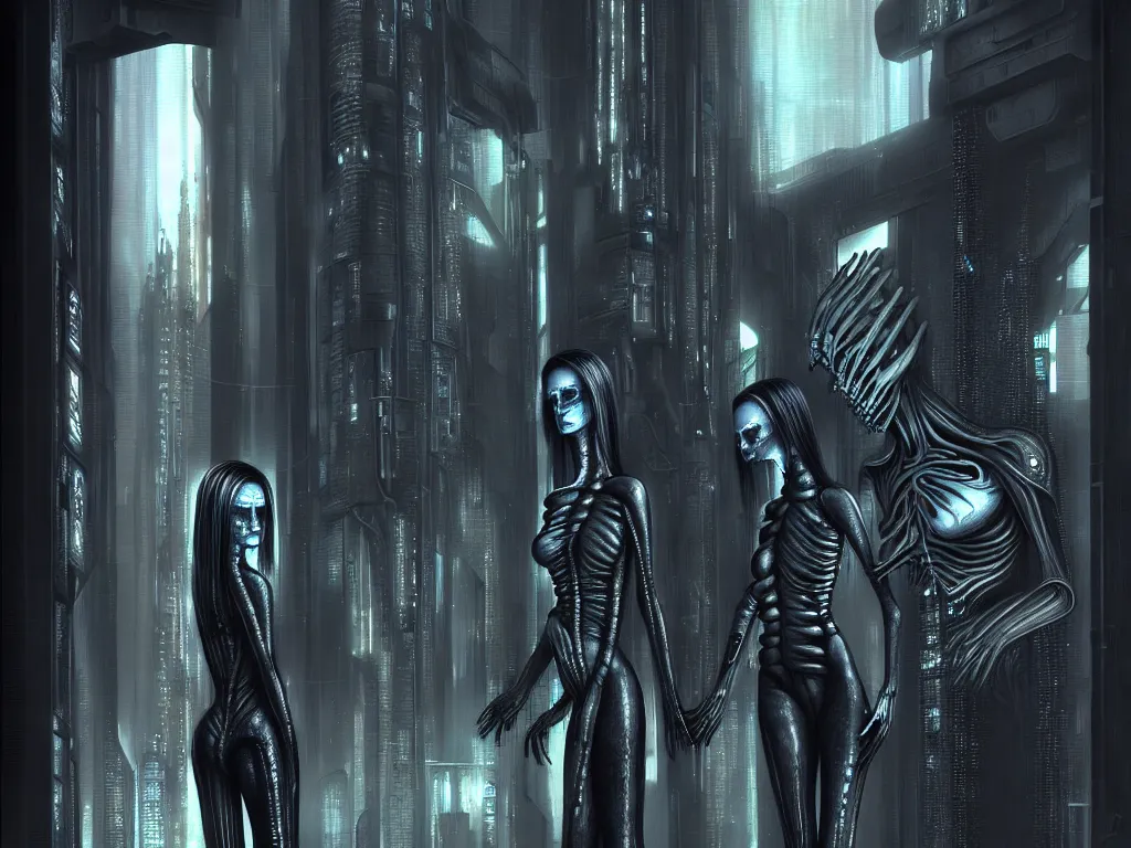 Image similar to a couple of people that are next to each other, cyberpunk art by h. r. giger, featured on cgsociety, fantasy art, lovecraftian, deviantart, daz 3 d