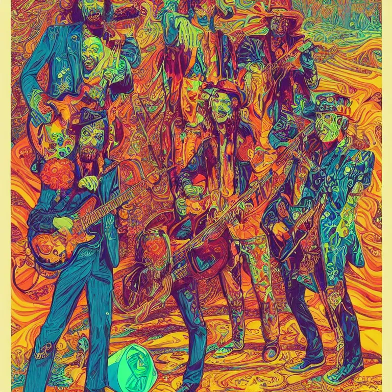 Prompt: beautiful colorful hyperrealist highly detailed psychedelic music poster'zombie beegees ', psychedelic art nouveau, beautiful high contrast colored wood engraving, moebius comic style, shocking detail trending on artstation 8 k