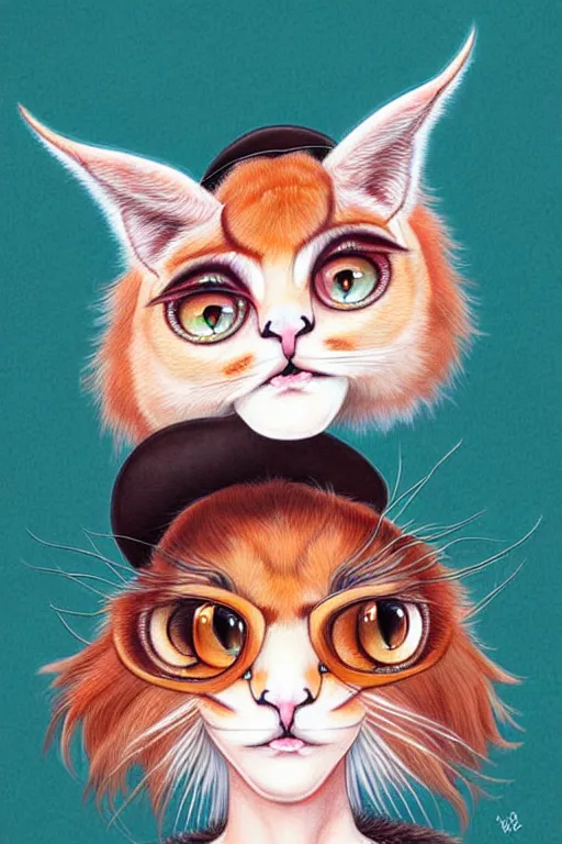 Prompt: cute fluffy caracal wearing cowboy hat, style of yoshii chie and hikari shimoda and martine johanna, highly detailed