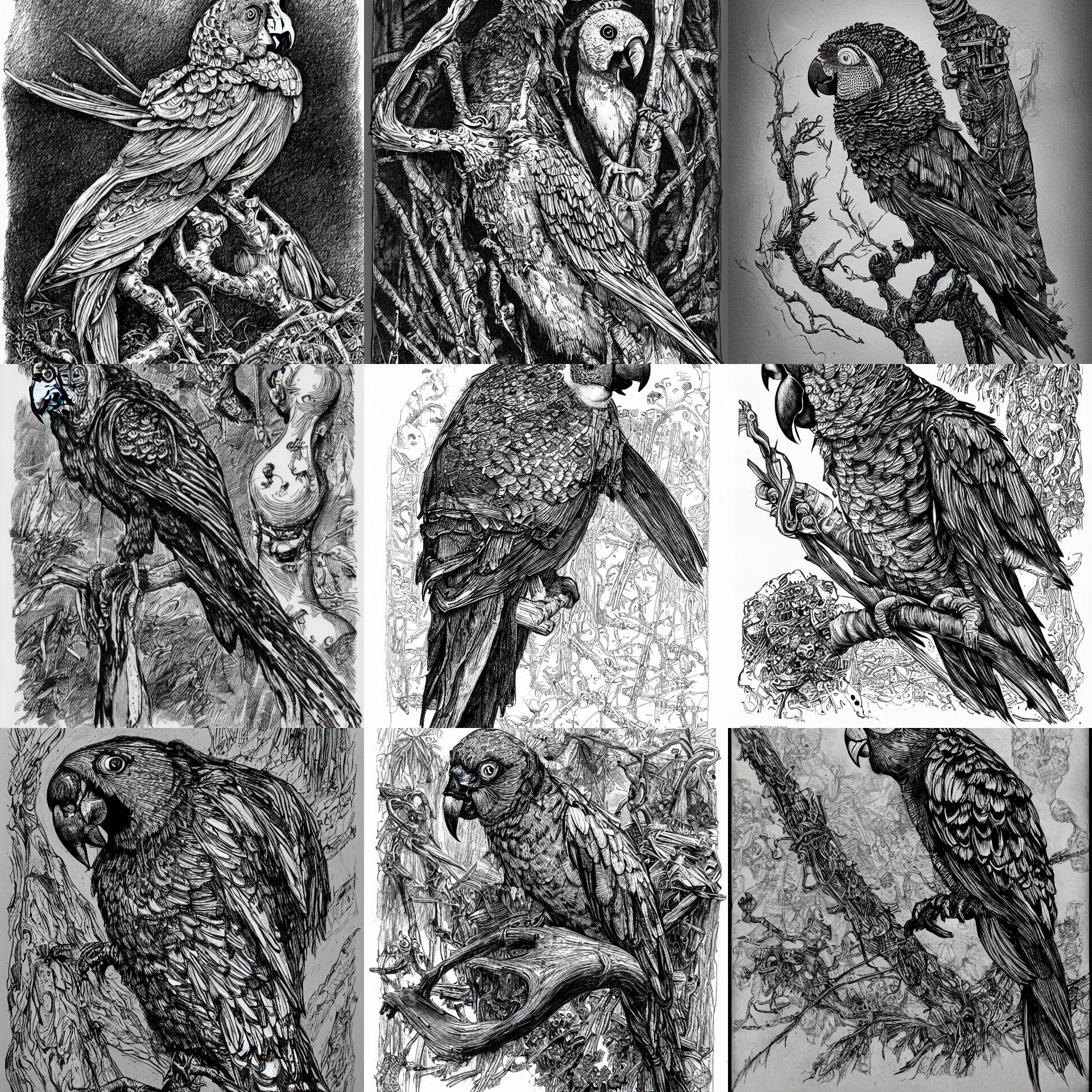 Prompt: a spot illustration of an undead parrot by john blanche, ian miller, karl kopinski, highly detailed, ink on paper, black and white, vignette illustration, white background