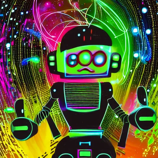 Image similar to A hd paint of a robot Dj playing his mixer in a rave with a lot of dragonflies around him. Epic art, masterpiece, neon dragonfly, lights