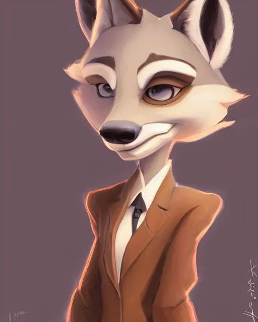 Image similar to oil painting of anthromorphic female wolf, in style of cory loftis, female fursona, furry, furaffinity, 4 k, deviantart, furry art, fursona art, wearing black business suit, business suit, in style of zootopia, wolf fursona, cyberpunk, female, very expressive detailed feminine face,