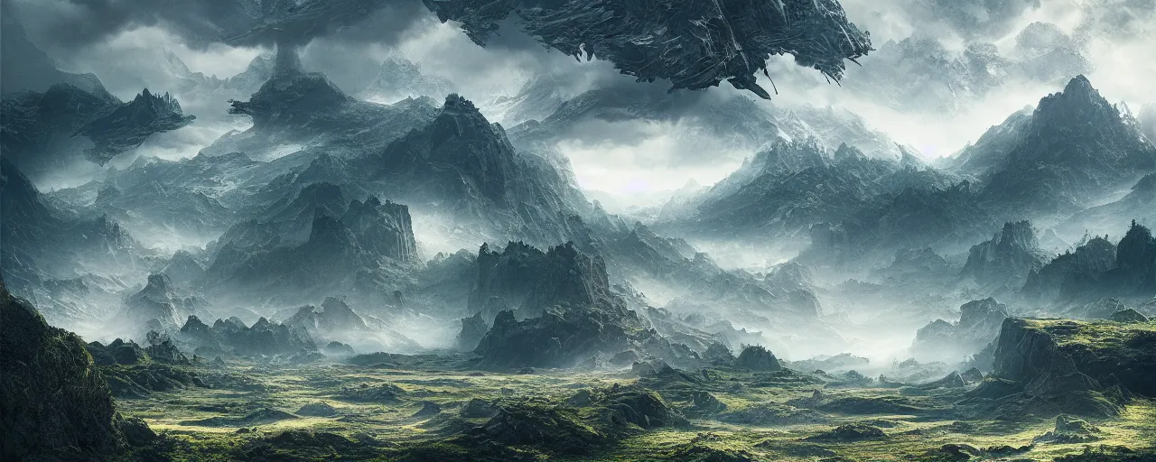 Image similar to ” otherwordly landscape, [ by wlop, cinematic, detailed, epic, widescreen, opening, establishing, mattepainting, photorealistic, realistic textures, octane render ] ”
