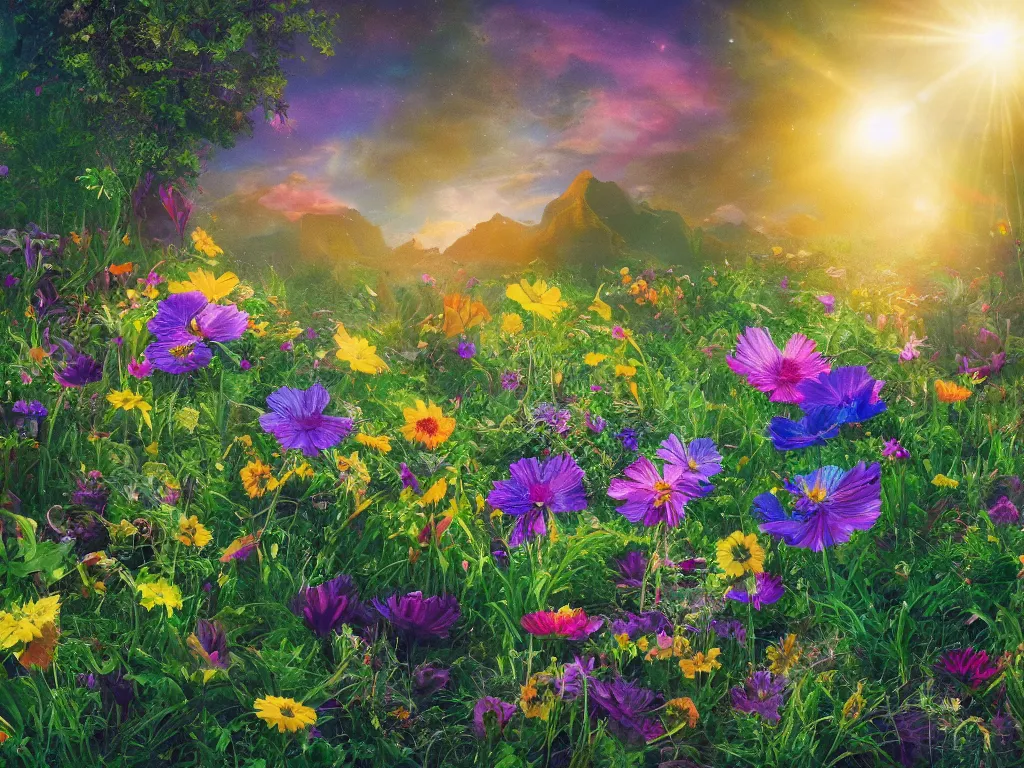 Prompt: sunlight study, the universe is a spheroid region 7 0 5 meters in diameter of kauai wildflowers, art nouveau, by rachel ruysch and ( ( ( ( ( lisa frank ) ) ) ) ), 8 k, sharp focus, octane render