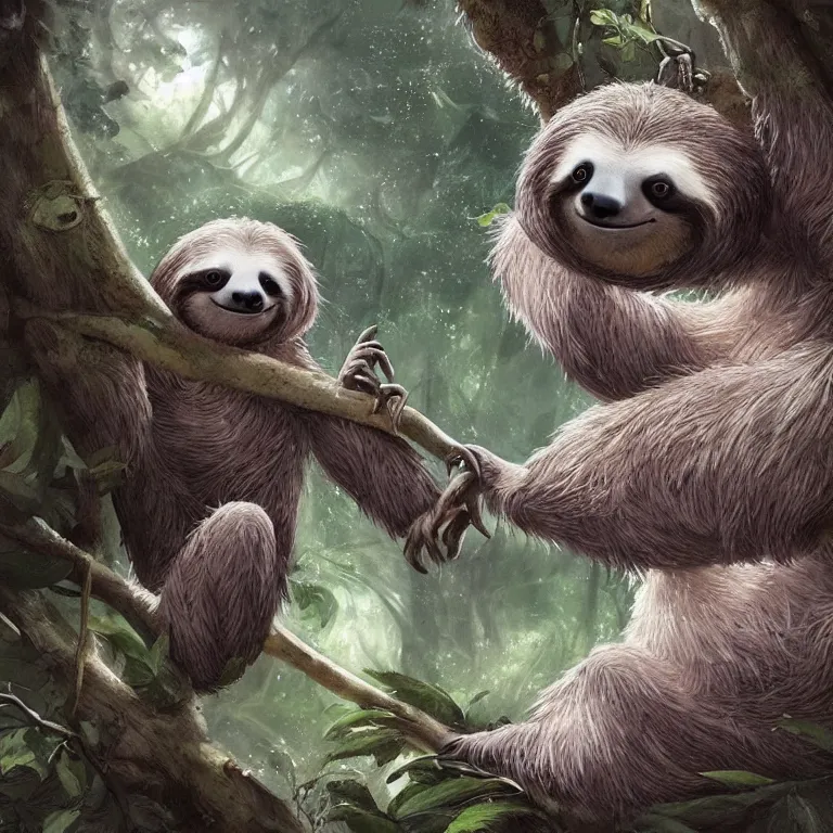 Image similar to A playful cute sloth talking to a shy fairy. award winning. superb resolution. in the art style of junji Ito and greg rutkowski. Detailed dark forest in background. Hyper realistic anime. Perfect art.