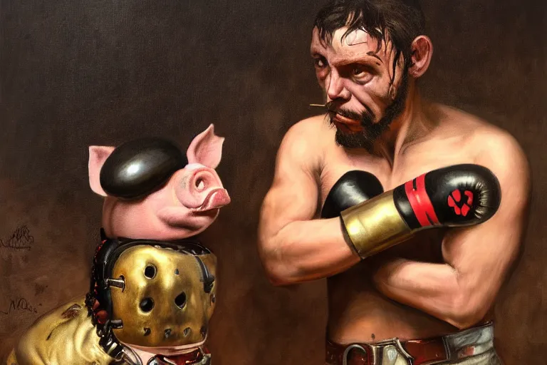 Prompt: portrait, realistic painting image about a steampunk boxer with electric boxing gloves, versus a humanoid pig. dramatic scene, horror, dramatic lighting realism, created by gustave courbet and michaelangelo, trending in artstation, fine art, smooth draw with oil painting.