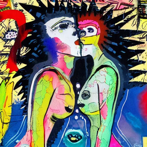 Image similar to watercolor painting of two bizarre psychedelic punk women kissing each other closeup in a vortex in japan, speculative evolution, mixed media collage by basquiat and jackson pollock, maximalist magazine collage art, sapphic art, lesbian art, chemically damaged