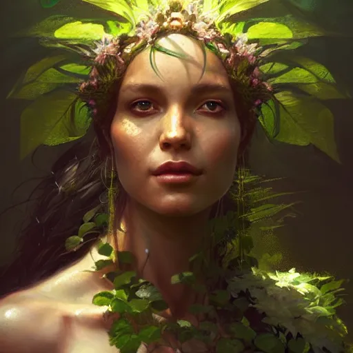 Image similar to a beautiful portrait of a plant goddess by Greg Rutkowski and Raymond Swanland, Trending on Artstation, ultra realistic digital art