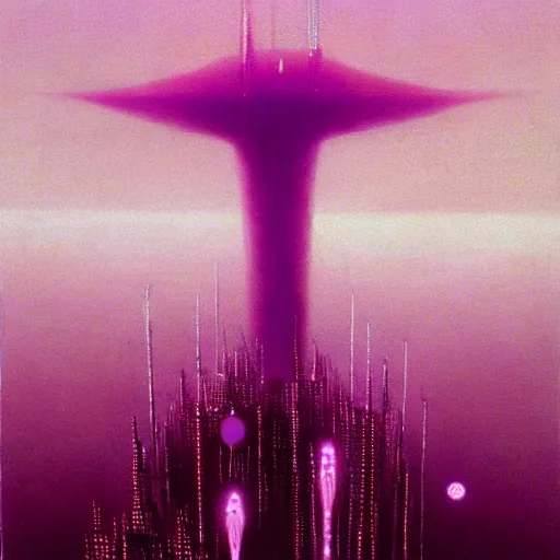 Prompt: perfect Cyberpunk city engulfed in a purple mist. Tsutomu Nihei, Zdzisław Beksiński, Art station.