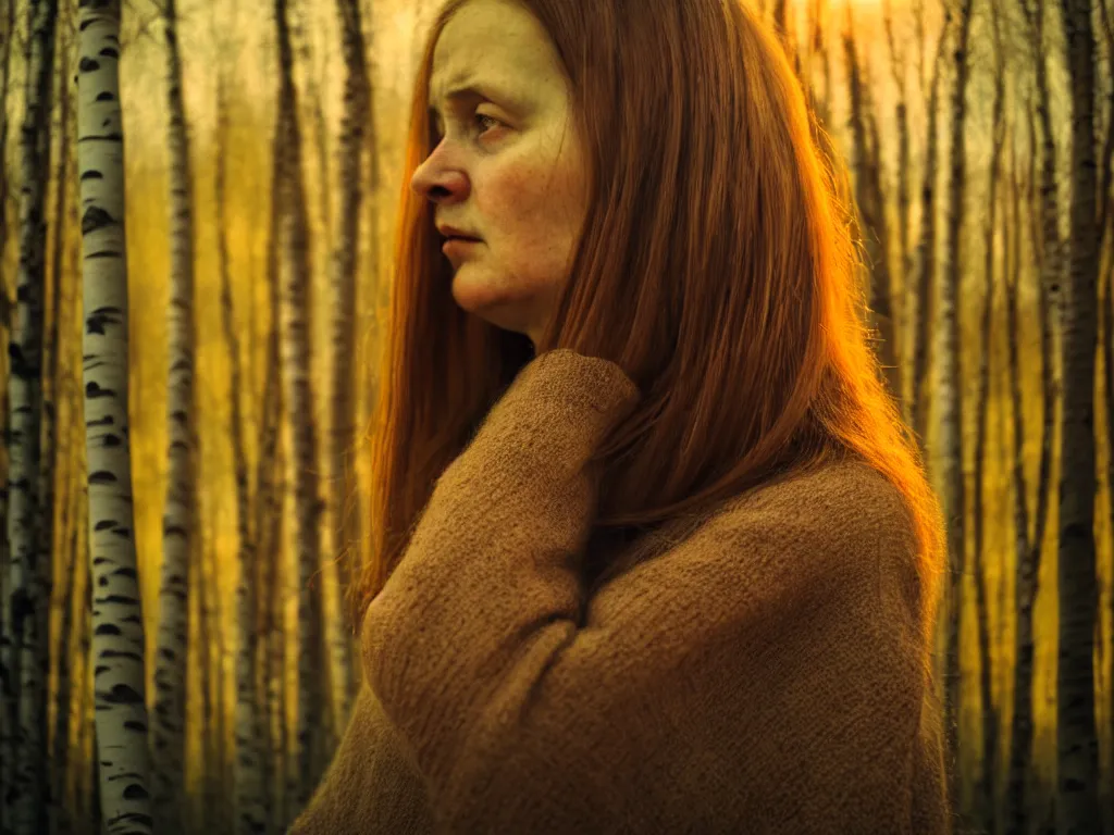 Prompt: close up portrait of woman, solemn expression, faded color film, russian cinema, tarkovsky, kodachrome, heavy birch forest, long brown hair, old clothing, medium fog, shallow depth of field, atmospheric haze, brown color palette, sunset, low light, dramatic lighting