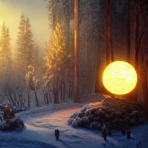 Prompt: a bright glowing sphere picturing a burning medieval city, above treetops of a winter forest, storybook illustration, octane render, detailed painting, by katherine federer, anthony pafford, harry gamboa and tracy flickinger