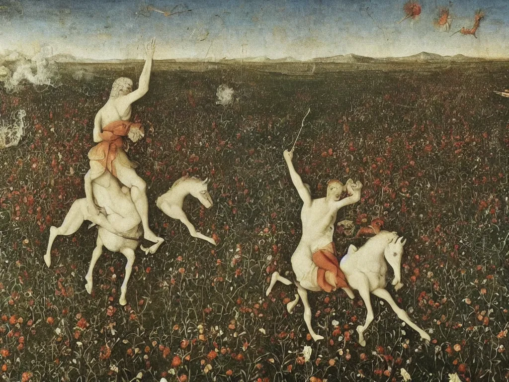 Image similar to White flaming devil running in the flower field, holding the world in his raised arms. Shadows loom over the land. Painting by Bosch, Bekinski