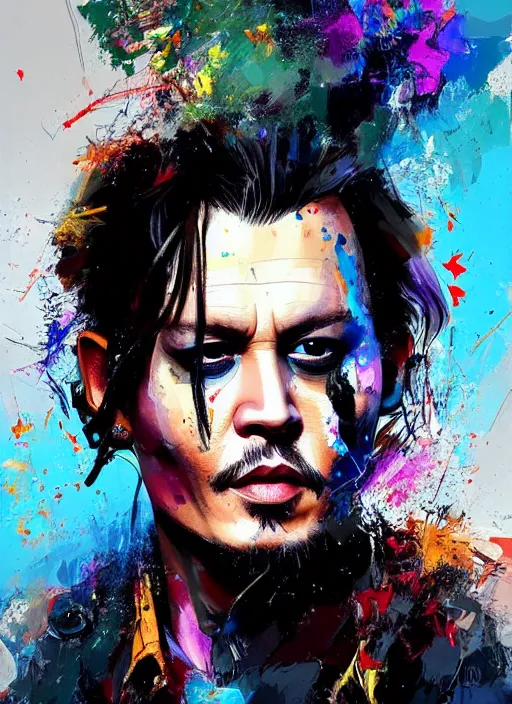 Prompt: young beautiful johnny depp abstract portrait, paint splatters, style by simon bisley, ismail inceoglu, wadim kashin, filip hodas, benedick bana, and andrew atroshenko.