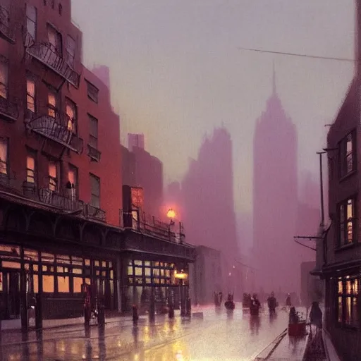 Prompt: a matte painting of nyc streets of soho in the summer, matte painting, dusk, fashion, by rozalski and peter ilsted, artstation