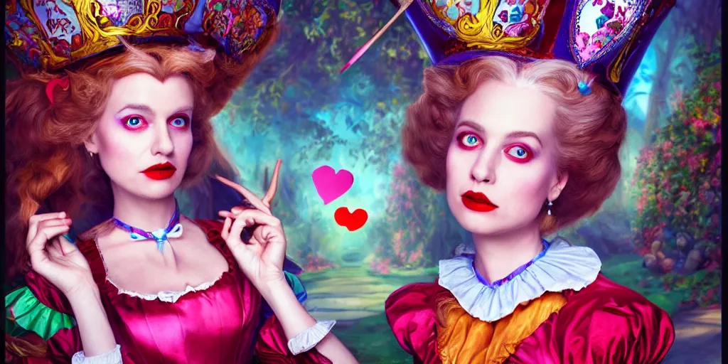 Image similar to The Queen Of Hearts, Alice in wonderland, colorful, wide angle, super highly detailed, professional digital painting, artstation, concept art, smooth, sharp focus, no blur, no dof, extreme illustration, Unreal Engine 5, Photorealism, HD quality, 8k resolution, cinema 4d, 3D, beautiful, cinematic, art by artgerm and greg rutkowski and alphonse mucha and loish and WLOP