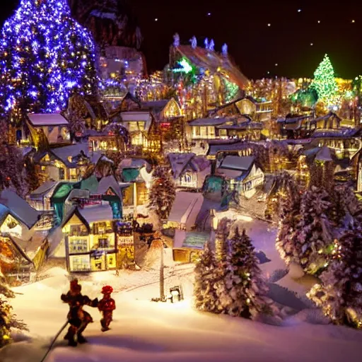 Prompt: military cyborg appreciating the view of a Christmas village at night under the light of the north start