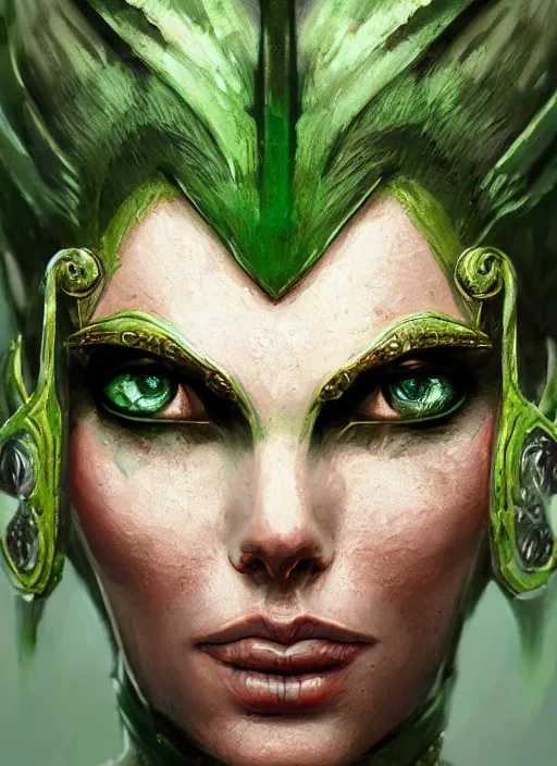 Prompt: green human faced orc female portrait, vibrant green tone beautiful face, plated armor intricate, elegant, highly detailed, trending on artstation, by ilja repin by greg rutkowski, digital painting
