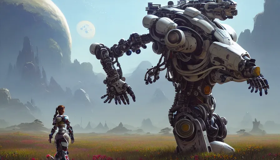 Prompt: a robot astronaut, floral! looks like a machine from horizon zero dawn designed by apple, in socotra island, posing for a fight, intricate, elegant, highly detailed, digital painting, establishing shot, an epic fantasy, artstation, smooth, sharp focus, illustration, art by artgerm and greg rutkowski, 8 k