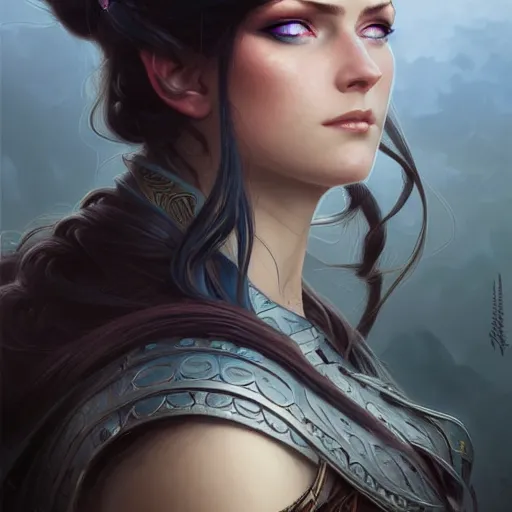 Image similar to Portrait of female warrior, D&D, blue eyes, face, long black hair, fantasy, intricate, elegant, highly detailed, digital painting, artstation, concept art, smooth, sharp focus, illustration, art by artgerm and greg rutkowski and alphonse mucha