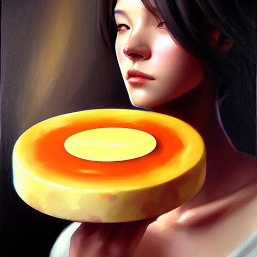 Prompt: a beautiful portrait painting of a gouda cheese wheel by shinji aramaki, charlie bowater, ross tran, artgerm, and makoto shinkai