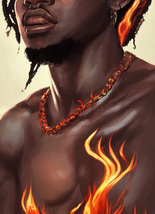 Prompt: a highly detailed illustration of attractive young african guy with flat top hair, with flaming tattoos, dramatic standing pose, intricate, elegant, highly detailed, centered, digital painting, artstation, concept art, smooth, sharp focus, league of legends concept art, wlop