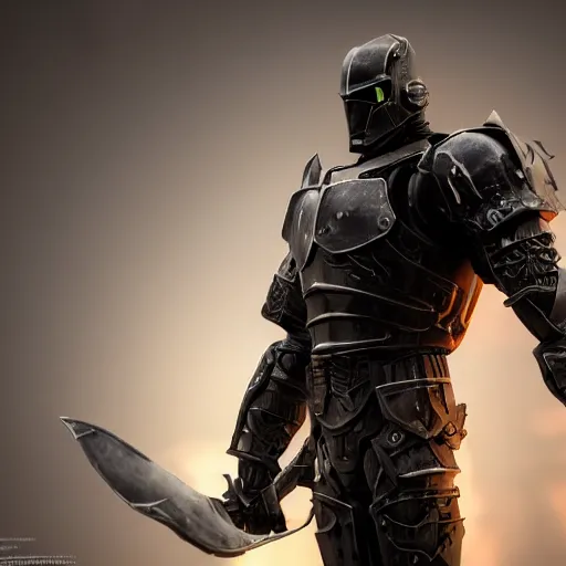 Image similar to a photorealistic 3D render full body dark side knight wearing armor made of iron, unreal engine, octane render, cinematic lighting, a sense of evil, hard surface character concept art, character design, hyper realism, high detail, depth of field, stunning cgsociety