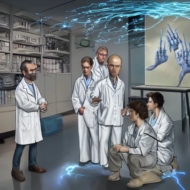 Prompt: engineers and scientists in labcoats confront a malevolent computer, glowing digital runes, panicked scientists in the background, ( futurism ), rhads!!!, james gurney, ( art fitzpatrick ), ( asaf hanuka ), ( ( barclay shaw ) ), ominous, saturday morning cartoon, clean linework, western animation