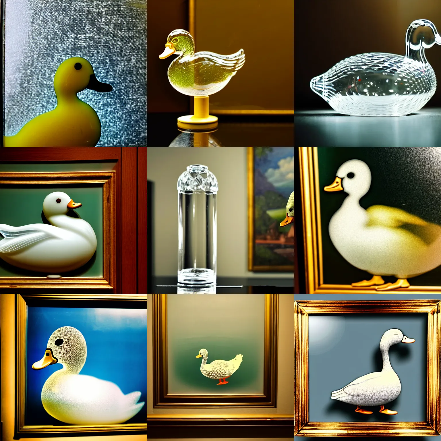 Prompt: a close up photo of a transparent clear [ vintage crystal duck clear glass in front of a painting ] [ not opaque ] [ clear duck ]
