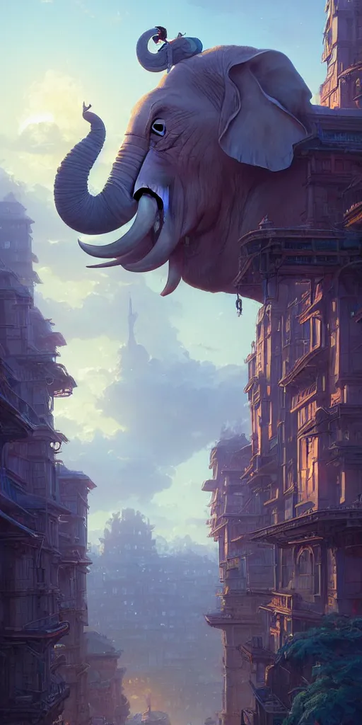 Image similar to a city built on a giant elephant, unreal engine, fantasy art by greg rutkowski, loish, rhads, ferdinand knab, makoto shinkai and lois van baarle, ilya kuvshinov, rossdraws, tom bagshaw, global illumination, soft light, detailed and intricate environment