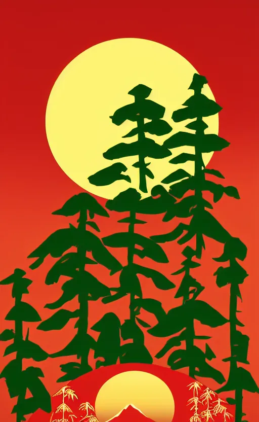 Image similar to hanafuda, a big red charm is floating above a forest of japanese pines, a big red sun in the background, original style, front game card, vector line art, trending on behance, concept art, stunning, matte