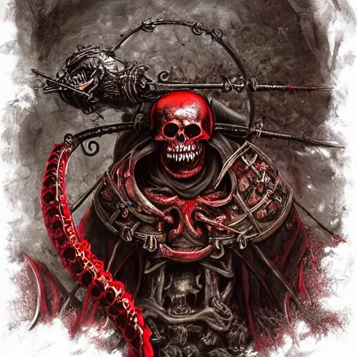 Prompt: skeleton holding a medieval shield and spear, d & d, surrounded by red evil death tentacles, hyper detailed, hyper realistic, dark atmosphere, full body, full frame, art by frank frazetta