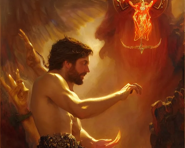 Image similar to attractive male deity, casting demonic magic, summoning handsome lucifer morning star. highly detailed painting by gaston bussiere, craig mullins, j. c. leyendecker 8 k