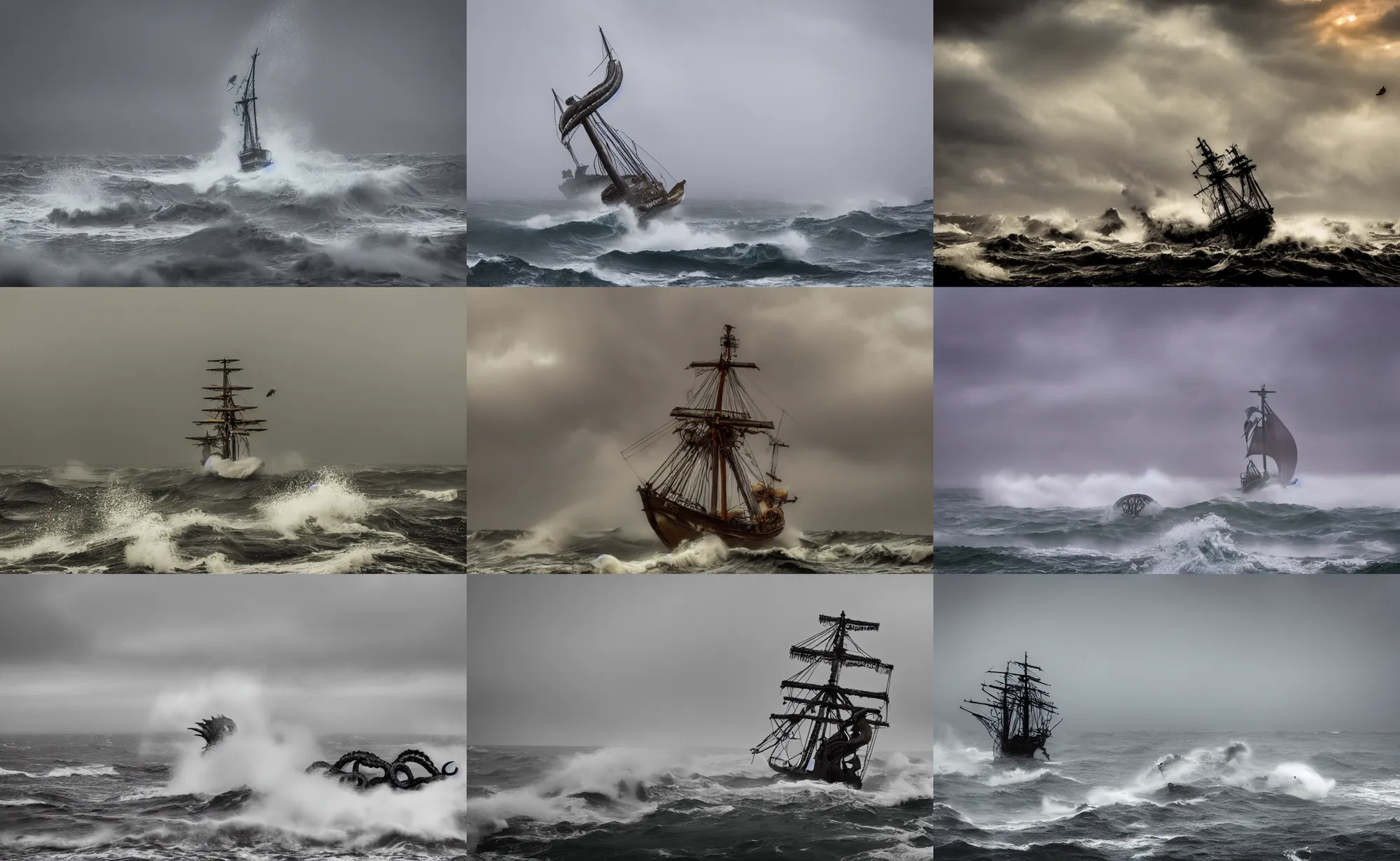 Prompt: nature photography of a kraken breaching by a 1 6 th century spanish sailboat, south african coast, rainfall, rough waves, fog, digital photograph, award winning, 5 0 mm, telephoto lens, national geographic