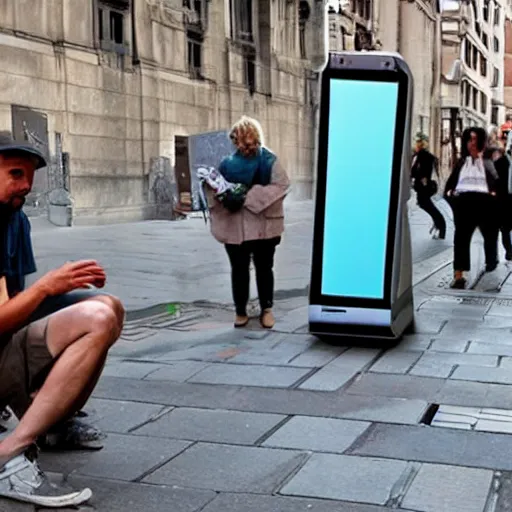 Prompt: twitter artist is begging at the street while being replaced by robots, art