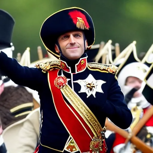 Image similar to emmanuel macron dressed as napoleon, firing a cannon, aiming at england