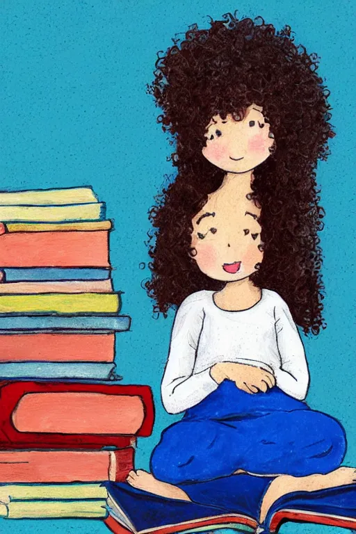 Prompt: a cute little girl with short curly brown hair and blue eyes sits cross legged on top of a tall pile of books. she is reading. clean pretty cartoon painting, beautiful detailed face.