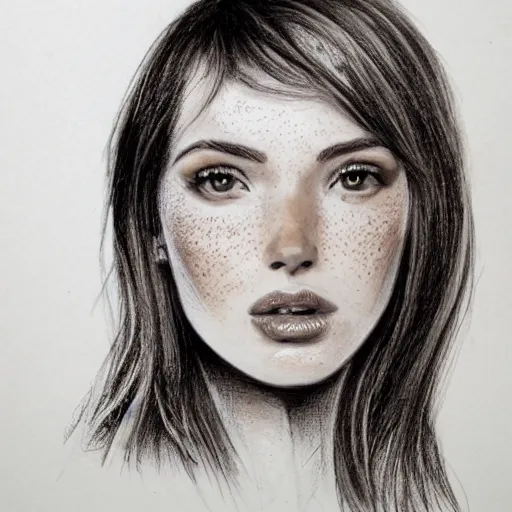 Image similar to beautiful young woman face with light freckles artist sketch closeup