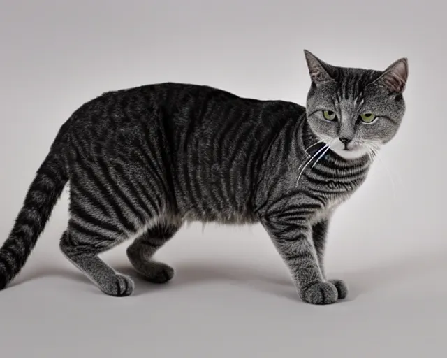 Image similar to A grey short haired cat with black stripes, in the style of Pete the Cat